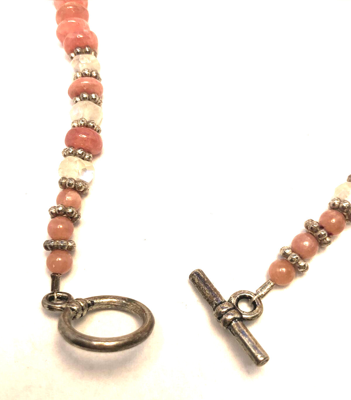 Estate 925 Sterling Silver Rhodochrosite Moonstone Stone Beaded Pendant Necklace