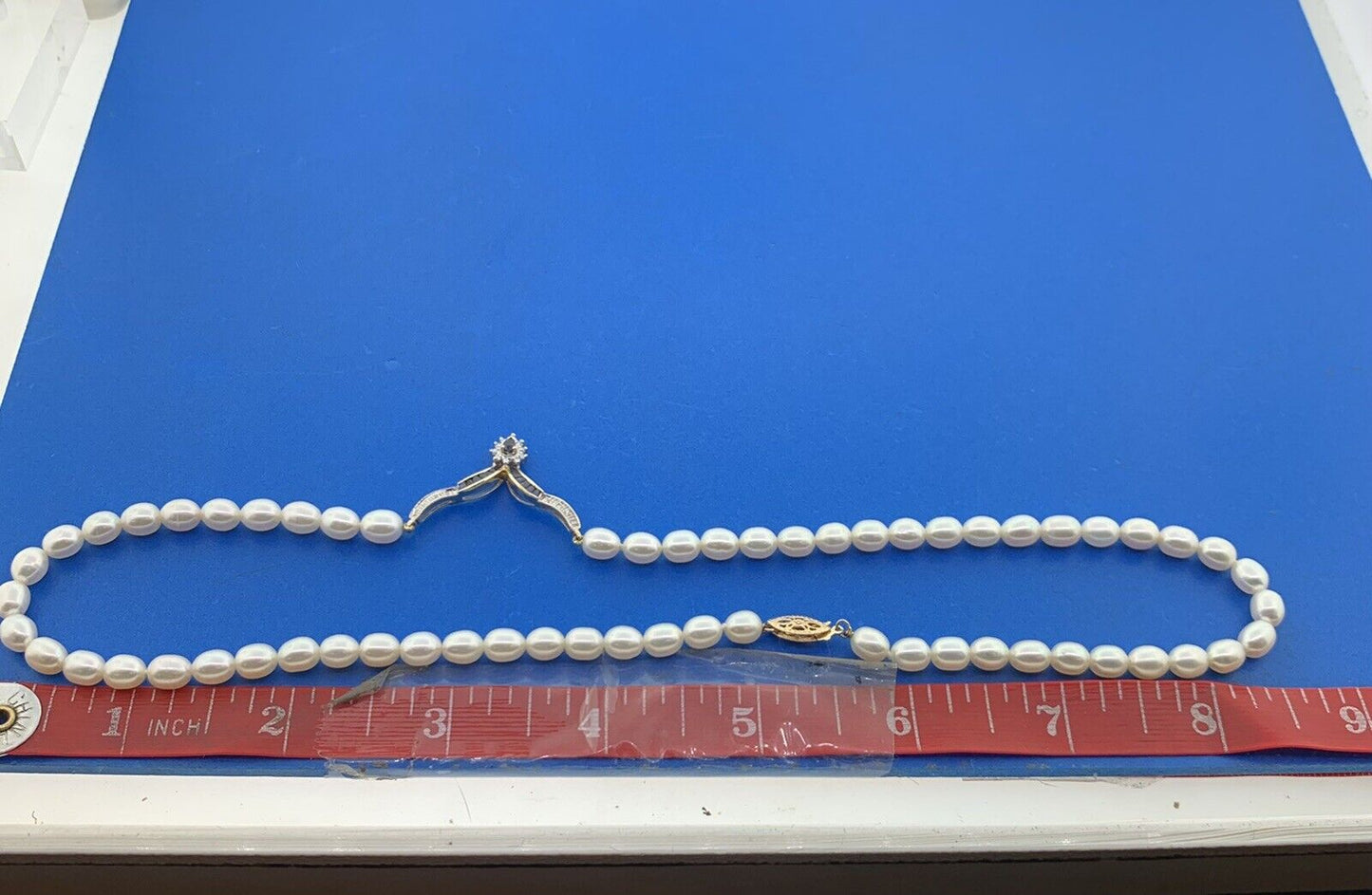 14K Yellow Gold Pearl Diamond Blue Sapphire Accented V Necklace