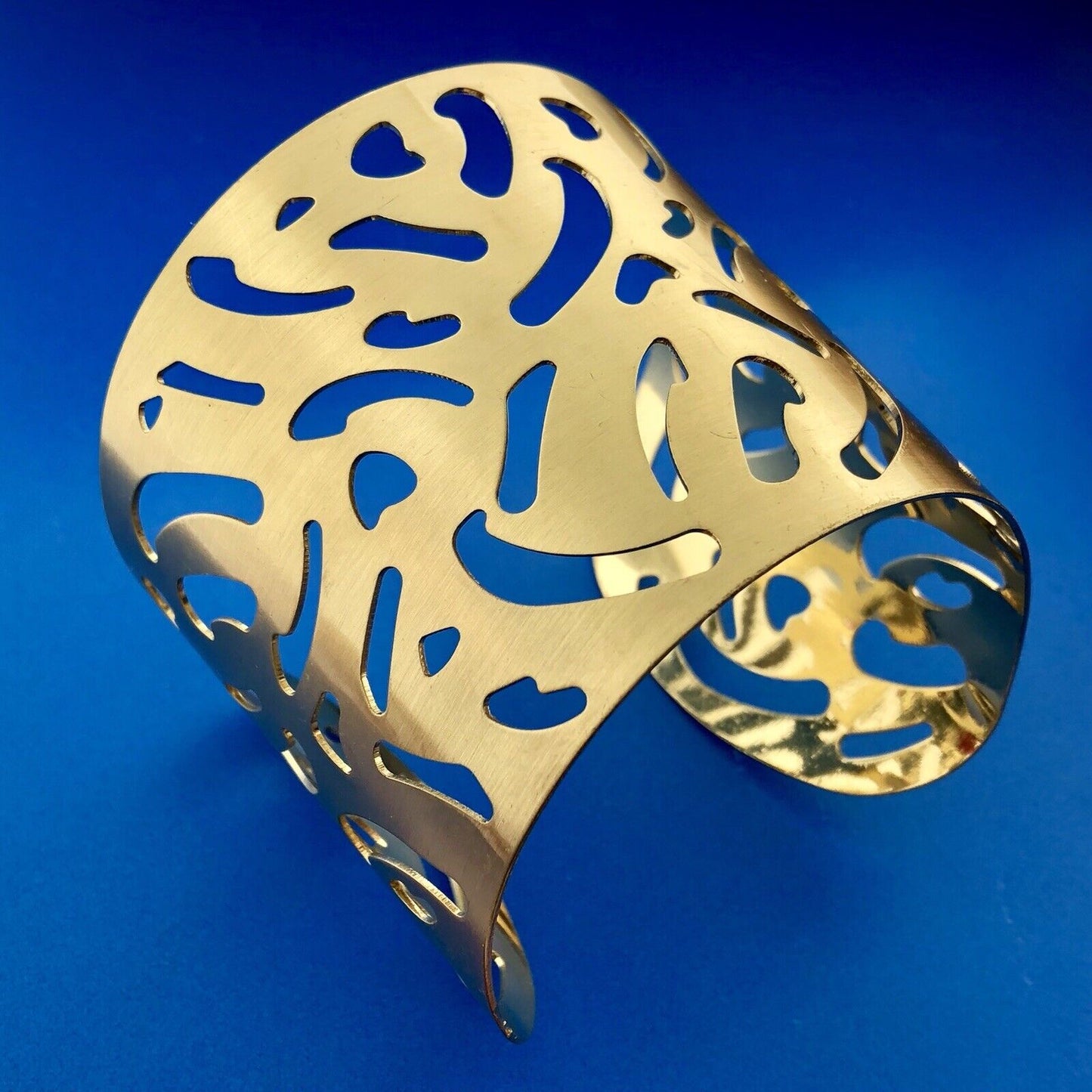 Modernist Gold Tone Brushed Finish Animal Print Cutout Statement Cuff Bracelet