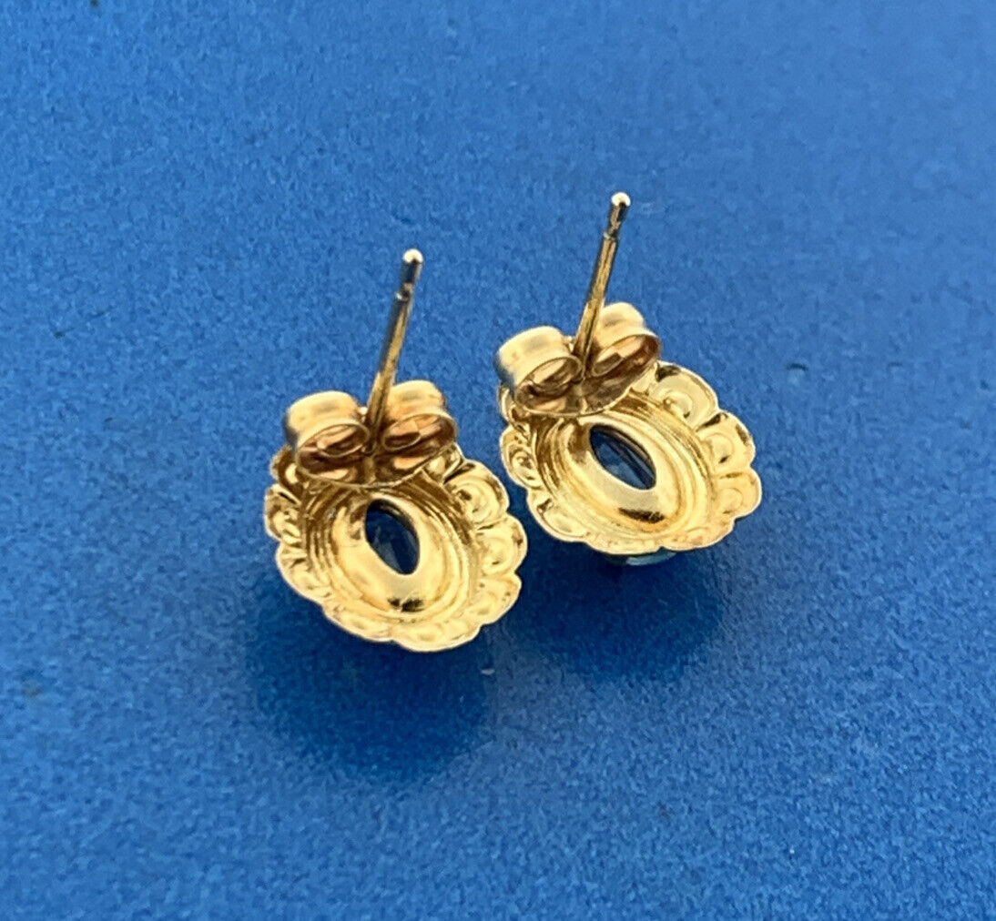 14K Yellow Gold Oval Blue Topaz December Floral Statement Stud Earrings