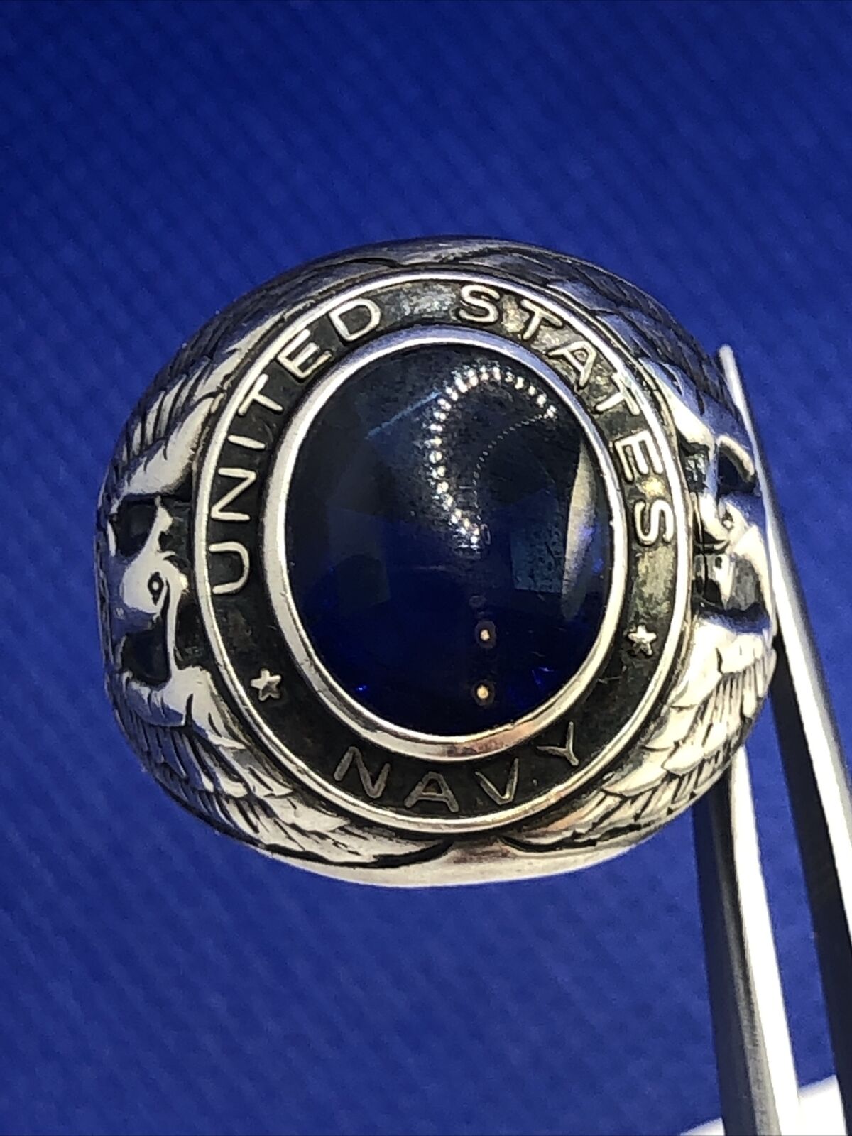 Designer Sterling Silver Oval Blue Glass United States Navy Insignia Dome Ring