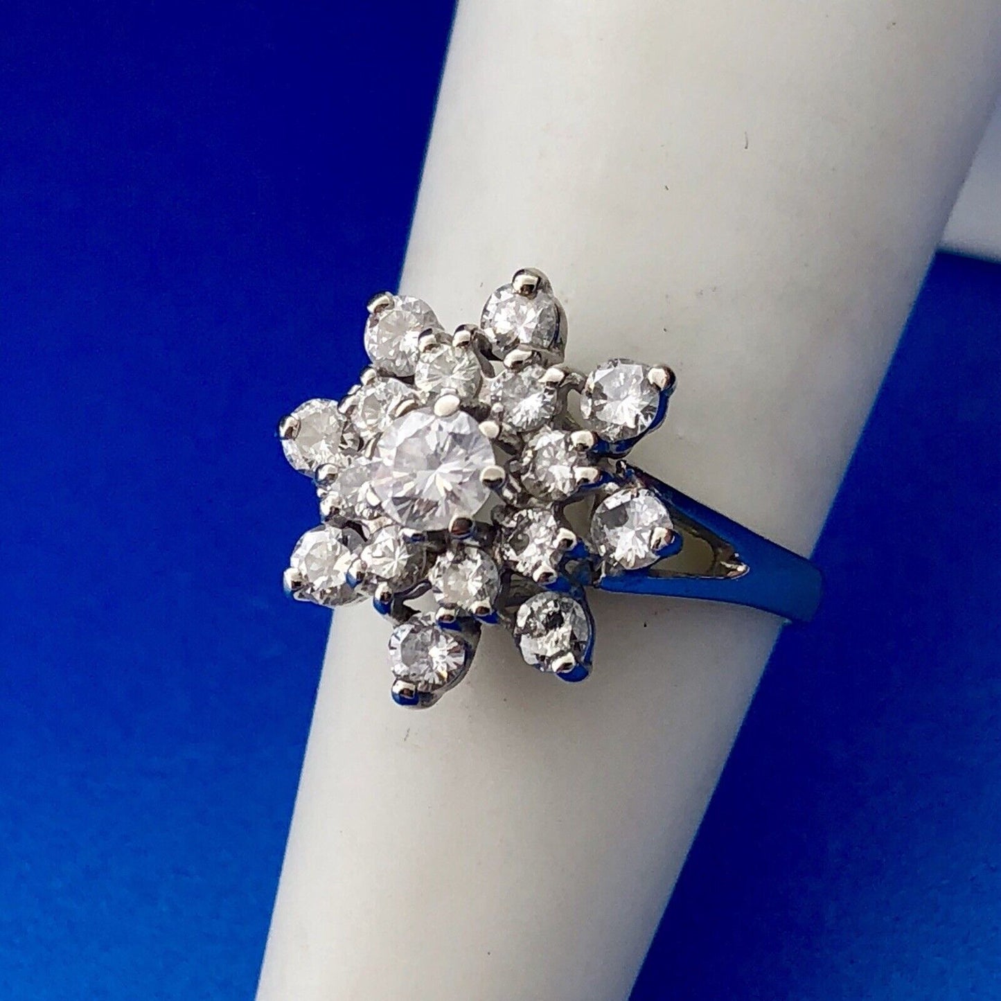 Art Deco 14K White Gold Diamond Starburst Floral Cluster Bridal Anniversary Ring