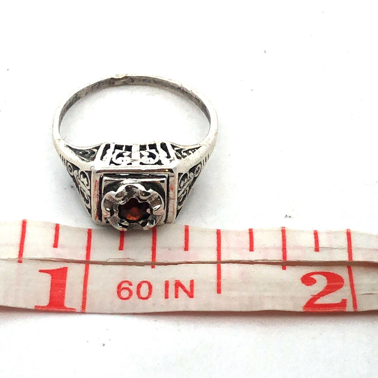 Art Deco 925 Sterling Silver Round Garnet Square Scroll Detail Ring