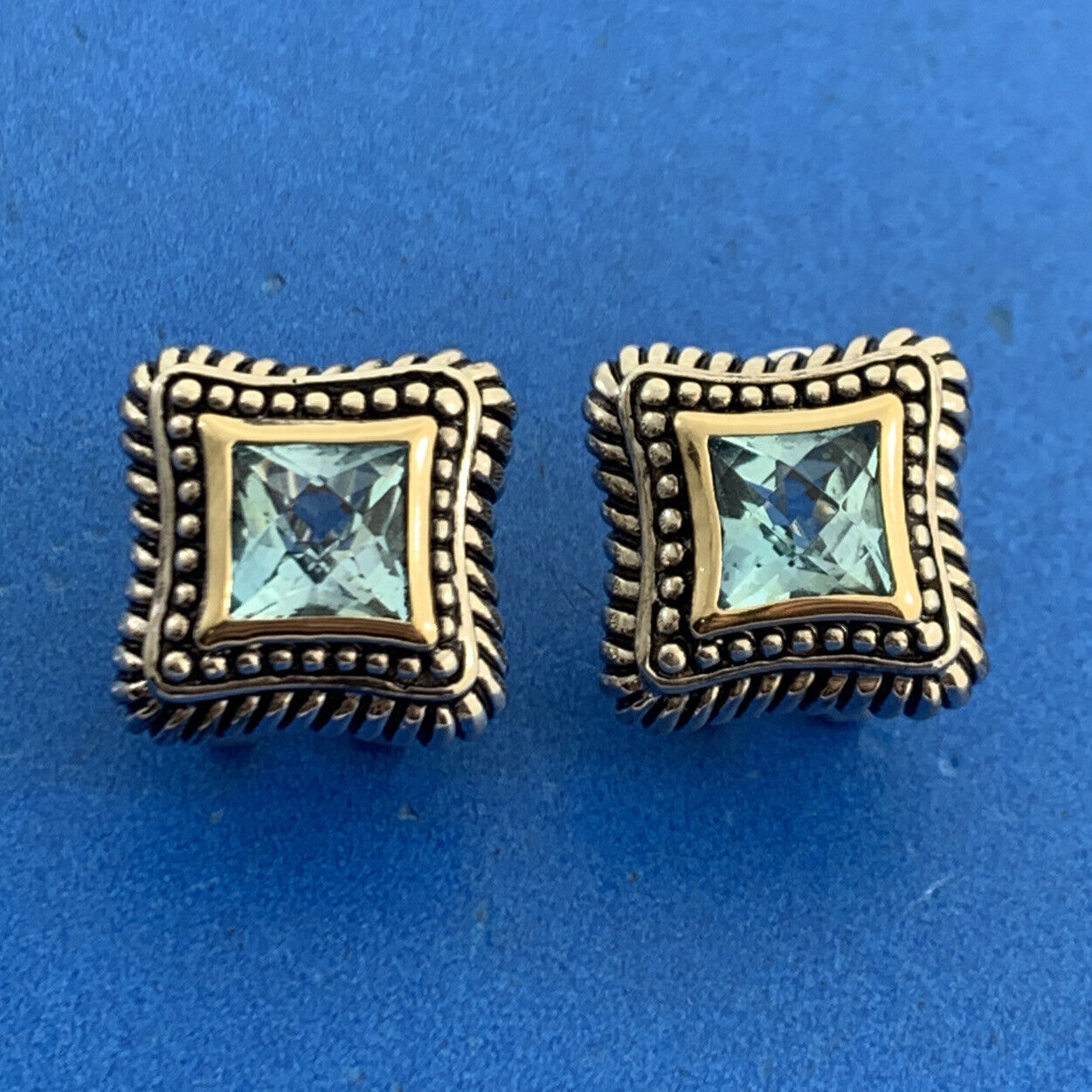 Designer Sterling Silver 14K Yellow Gold Princess Blue Topaz Omega Back Earrings