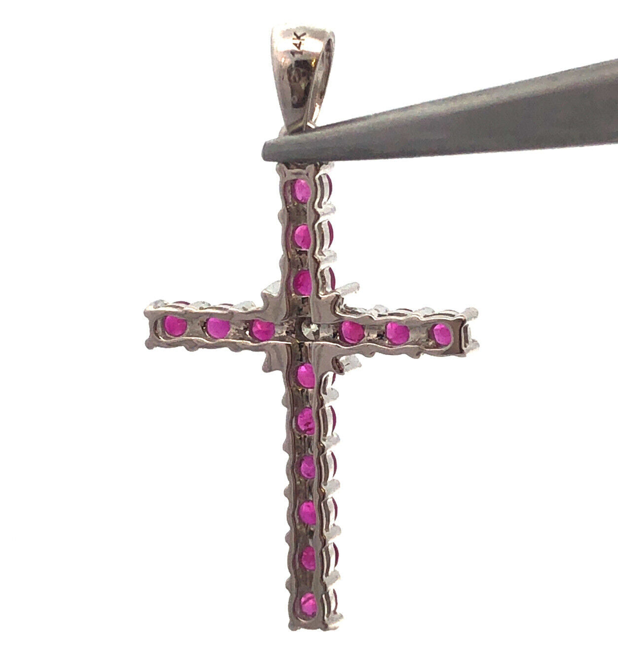 14K White Gold Ruby Diamond Cross Religious Communion Wedding July Pendant