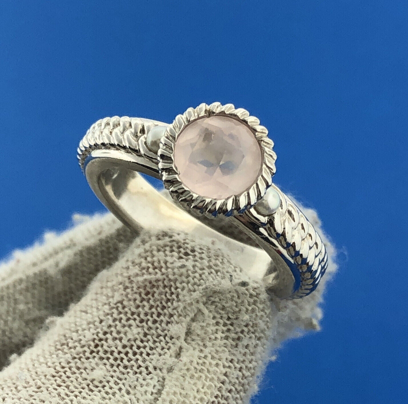 Anthony Nak Atelier Sterling Silver 925 Rose Quartz Pearl Cable Cocktail Ring