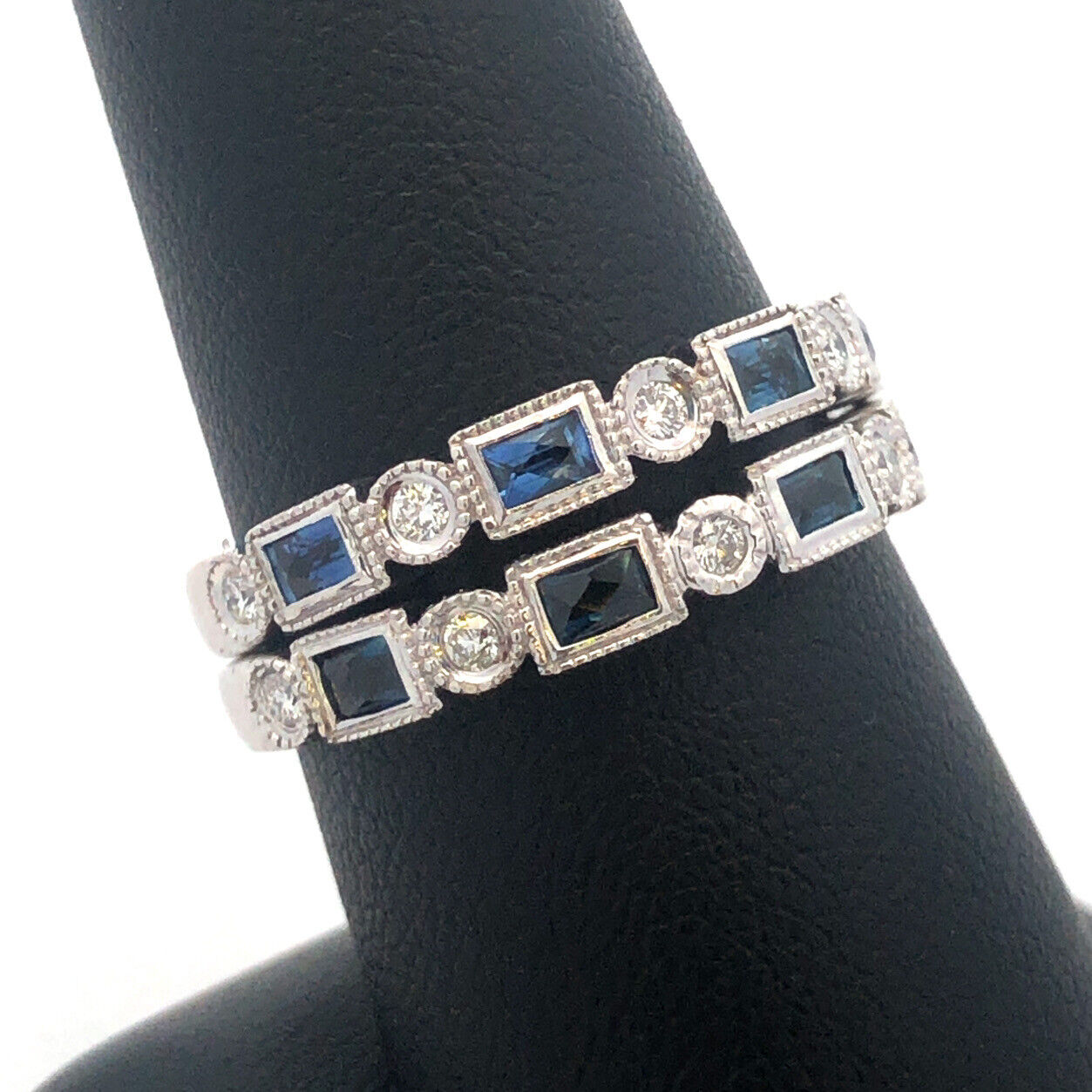 18K White Gold Emerald Cut Sapphire Round Diamond Stackable Anniversary Ring