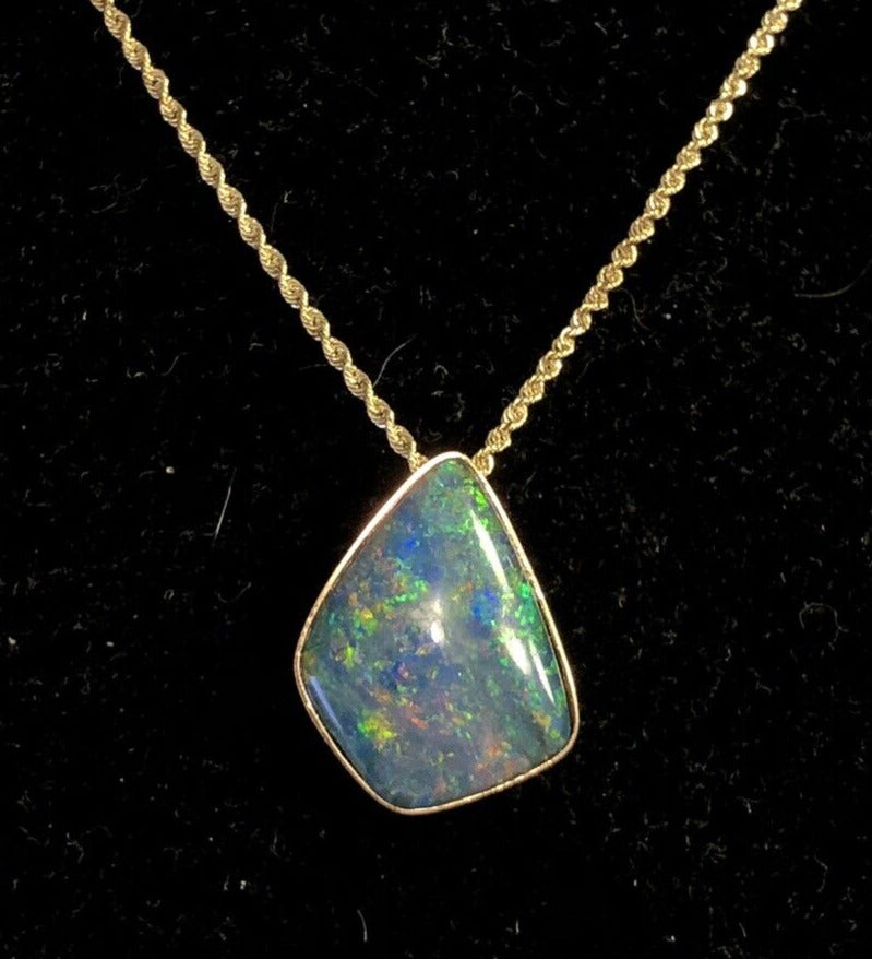 Designer IAJ 14K Yellow Gold Black Blue Opal Cabochon Bezel Pendant Necklace