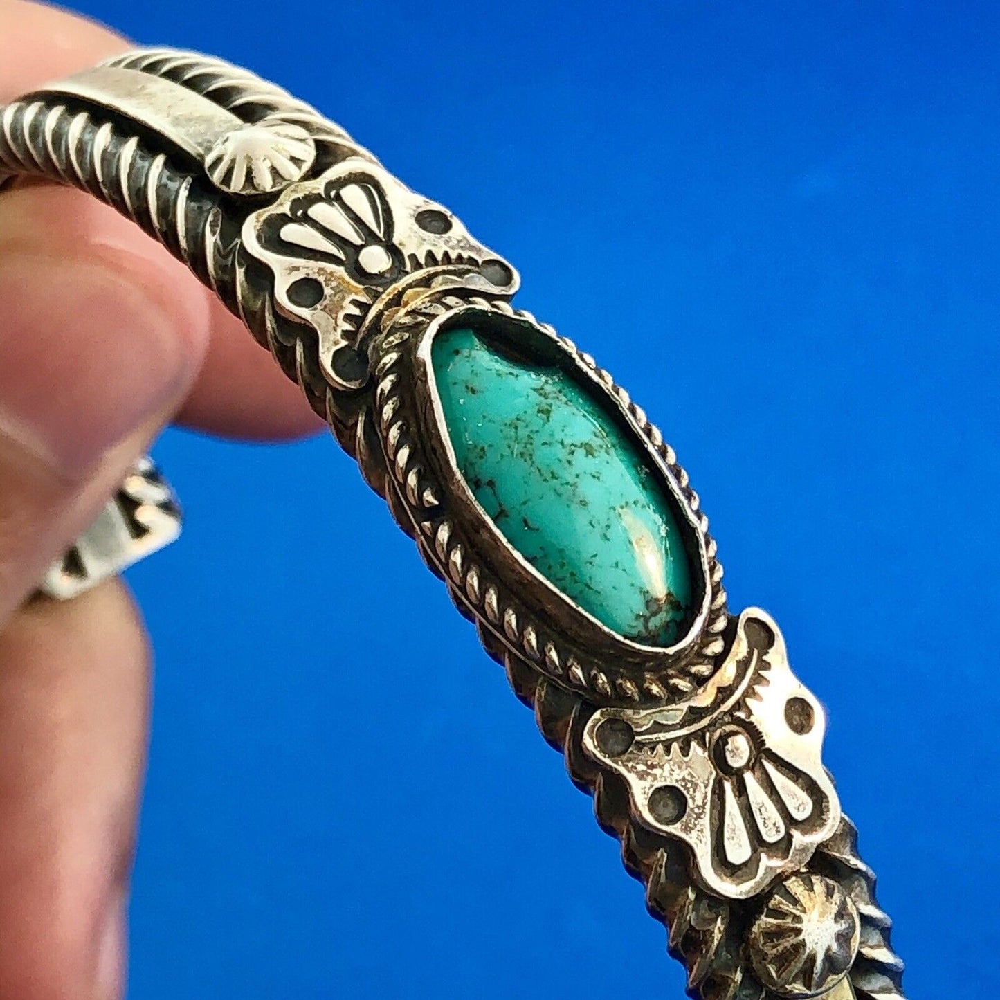 Ella Cowboy Navajo 925 Sterling Silver Turquoise Cabochon Vintage Cuff Bracelet
