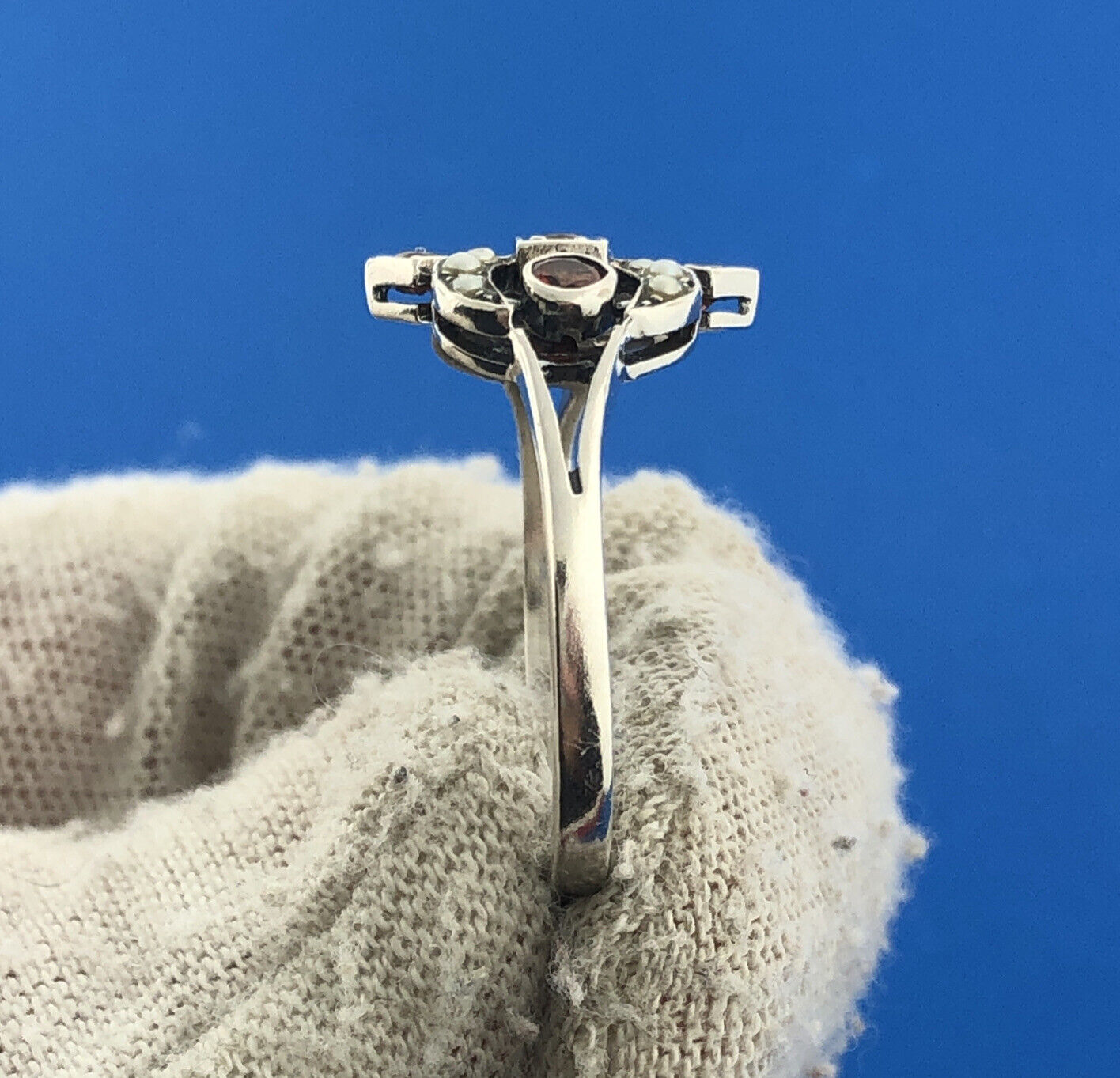 Vintage Sterling Silver 925 Orange Crystal Seed Pearl Fleur De Lis Ring