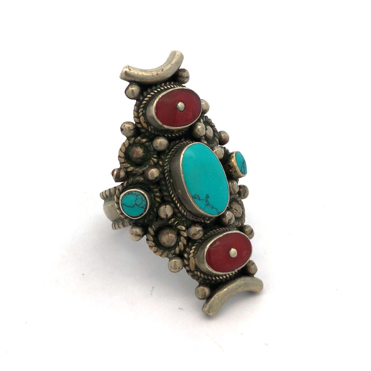 Native American Silver Plate Oval Turquoise Red Coral Detailed Statement Ring