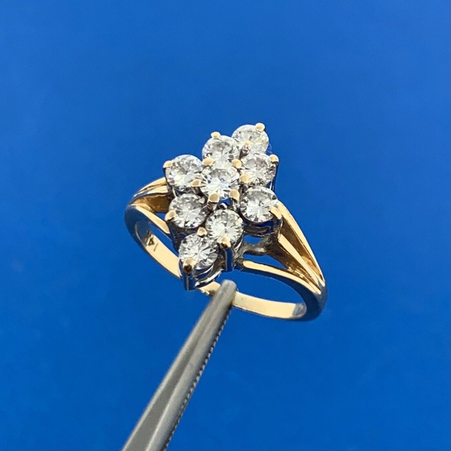 Designer 14K Yellow Gold Round Diamond Cluster Cocktail Size 5.5 Ring