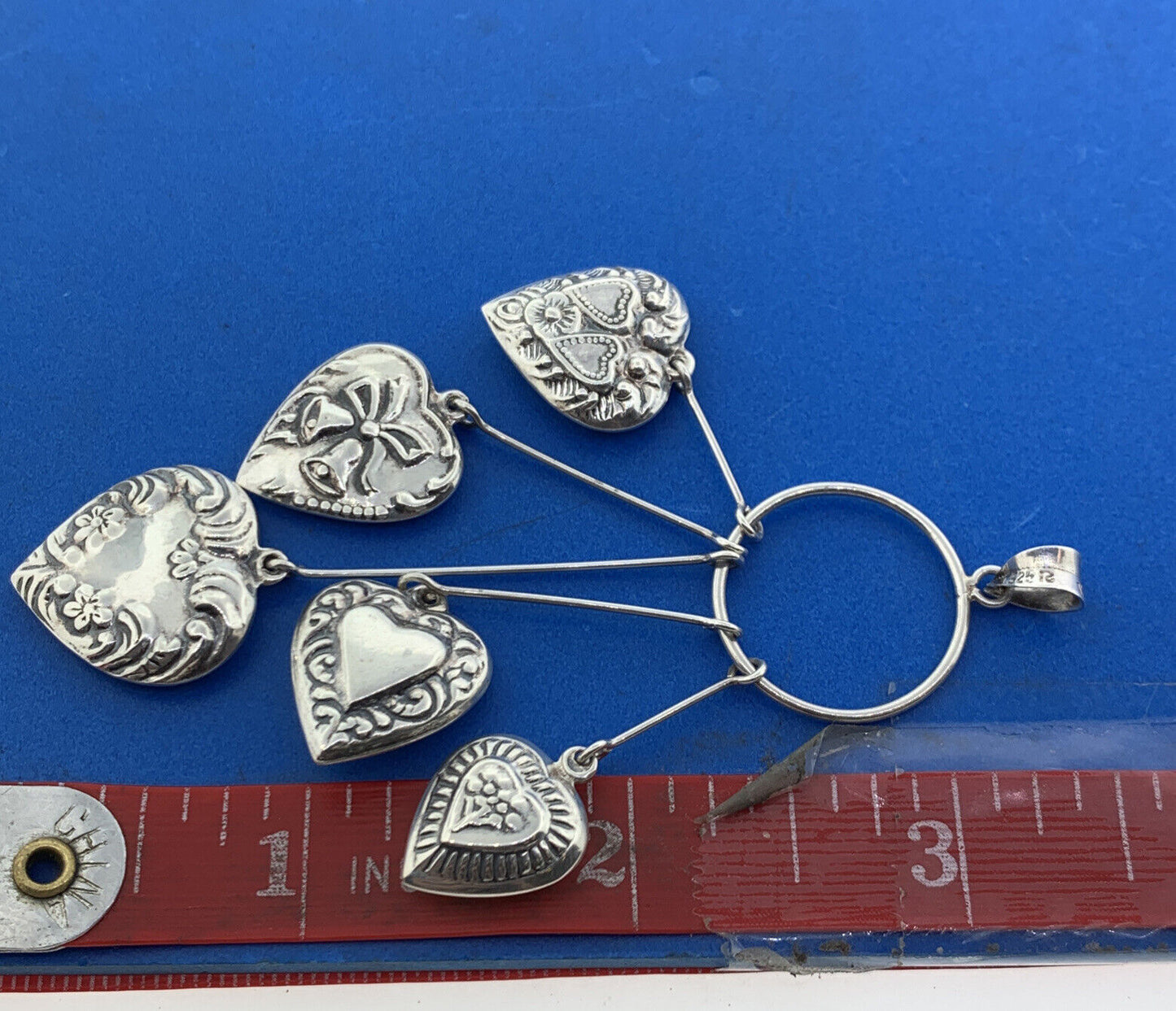 Designer 925 Sterling Silver Multiple Textured Heart Drop Dangle Pendant