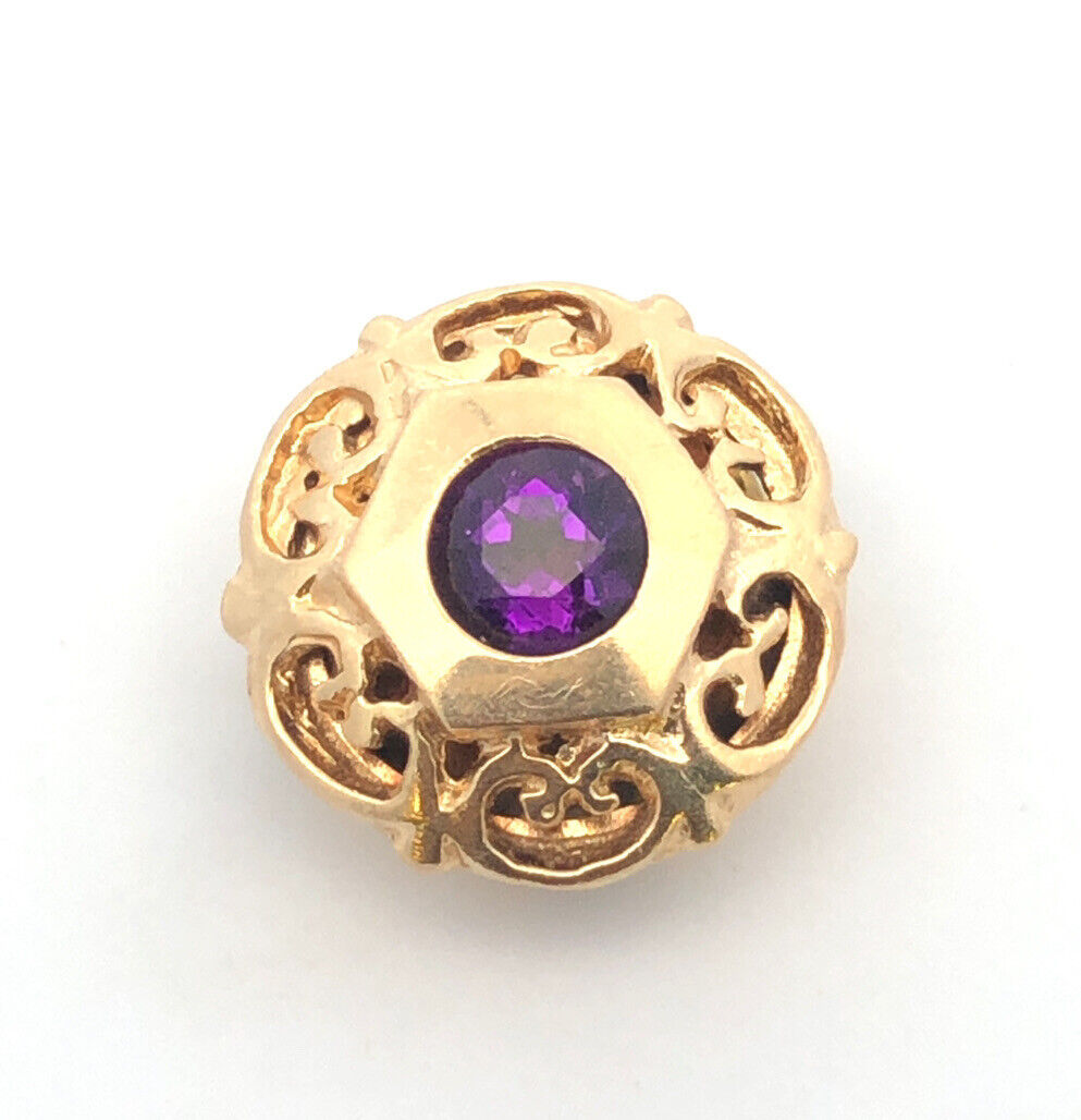 Designer 14K Yellow Gold Round Amethyst Floral Scroll Slide Bracelet Charm