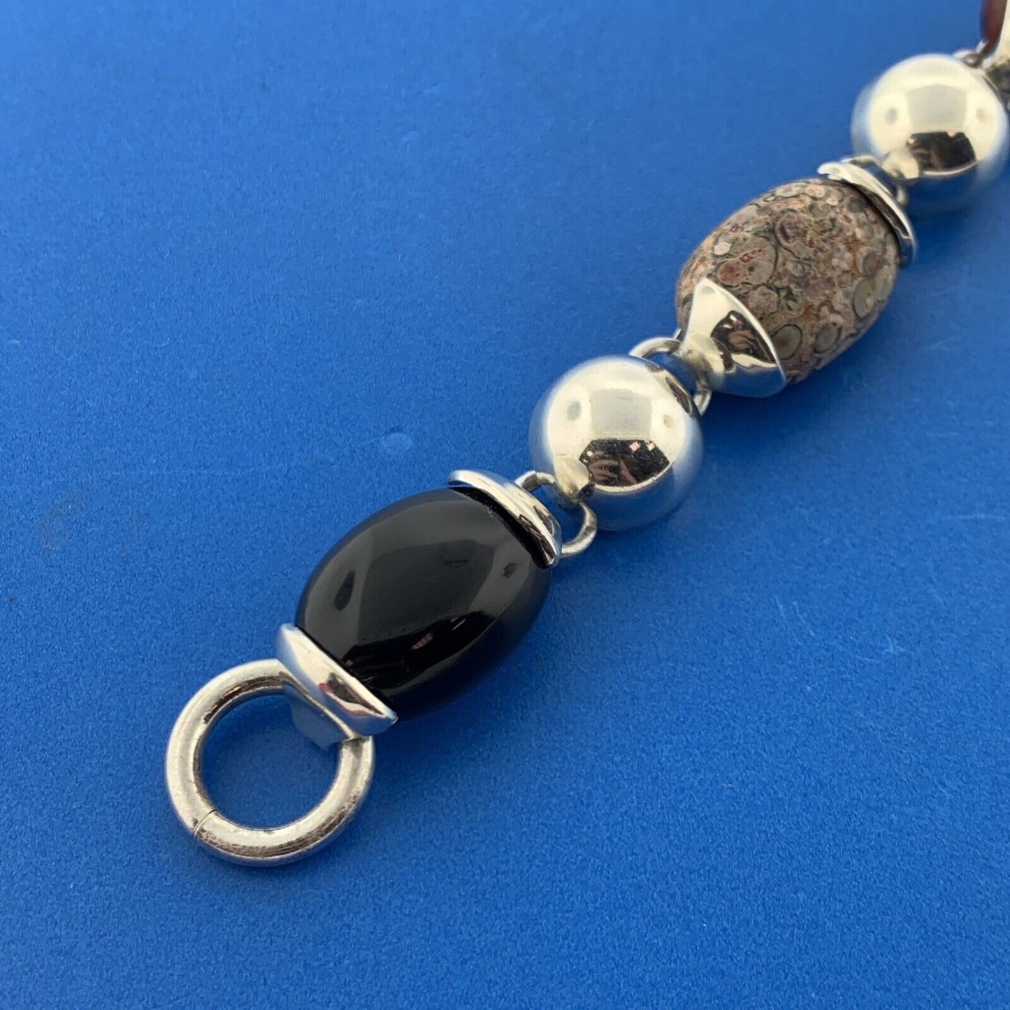 Stunning Mexican Sterling Silver 925 Oval Agate Jasper Onyx Quartz 7.5" Bracelet