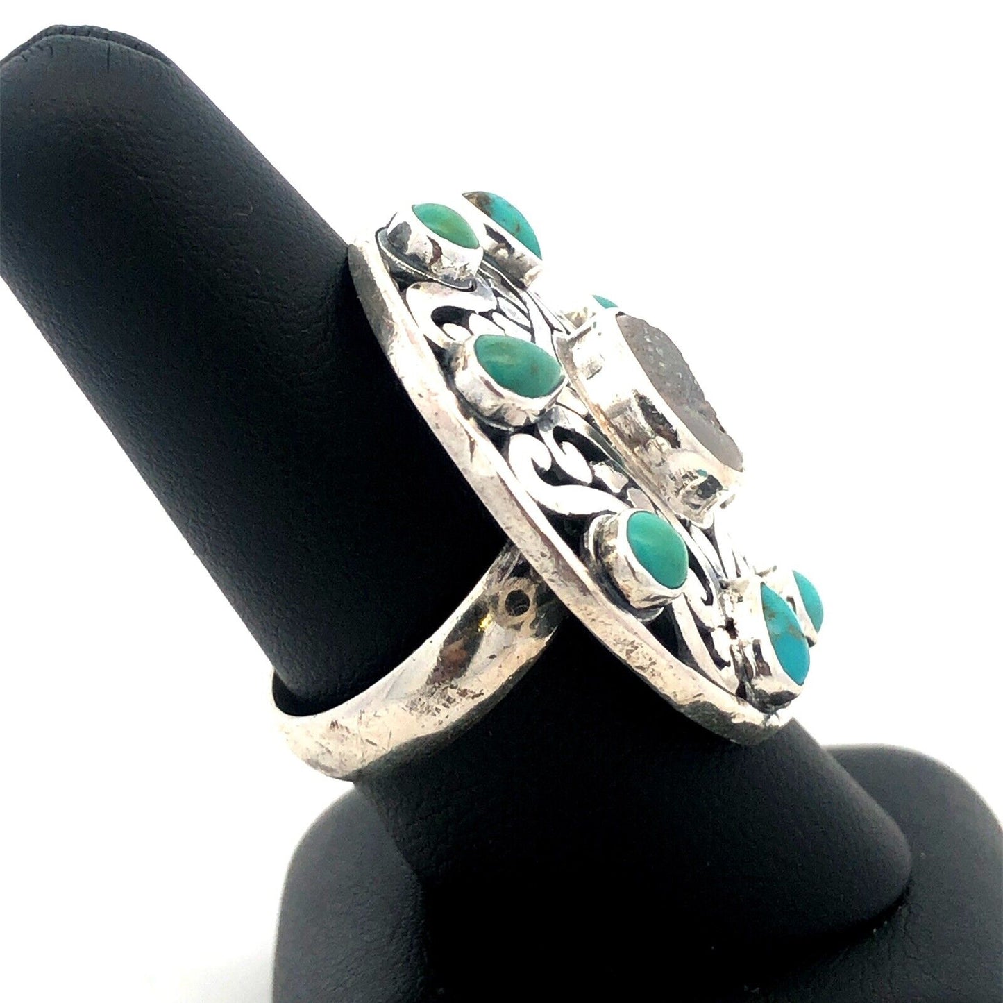 Native American 925 Sterling Silver Turquoise Druzy Quartz Round Statement Ring