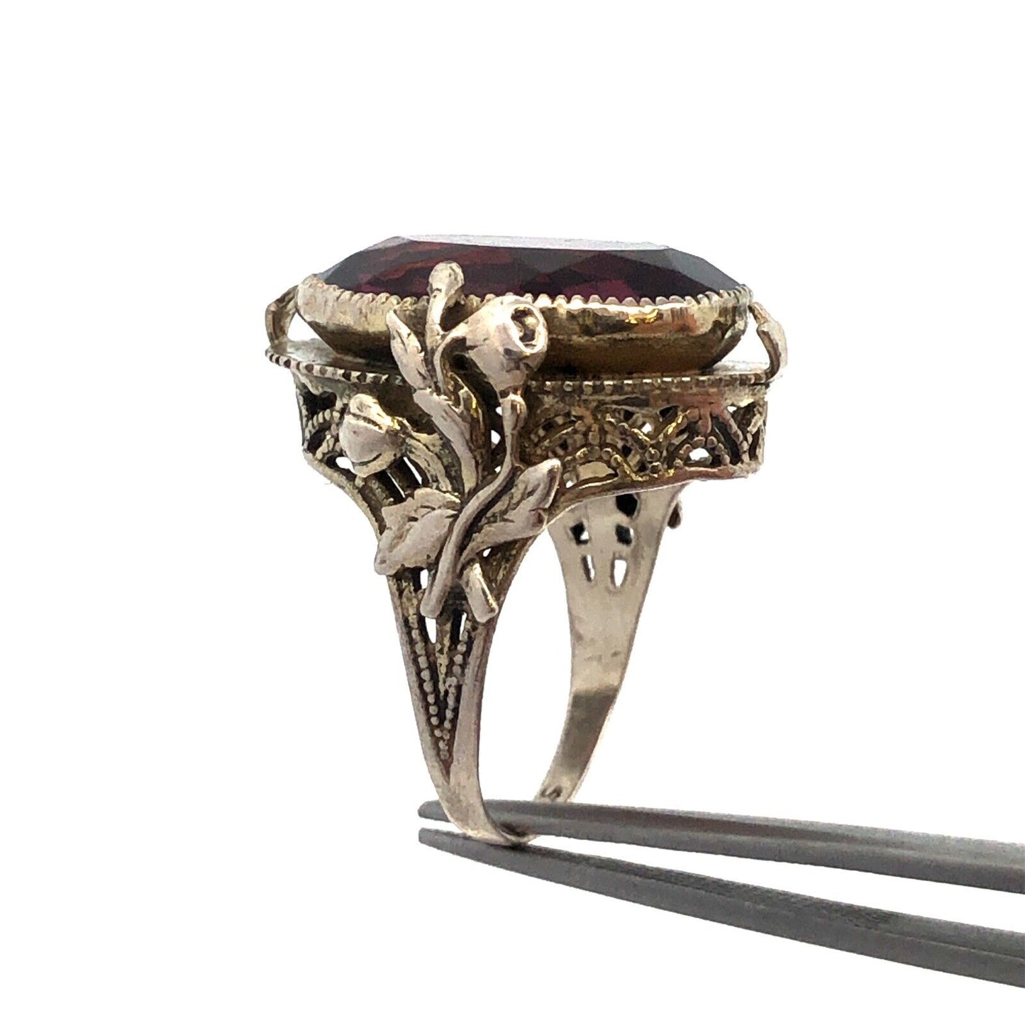 Vintage 925 Sterling Silver Faceted Purple Glass Floral Filigree Scroll Ring
