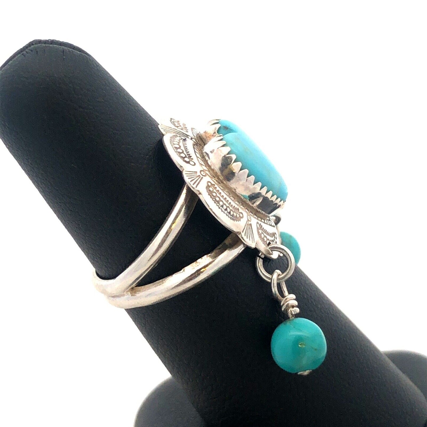 Native American QT 925 Sterling Silver Heart Turquoise Dangle Bead Charm Ring