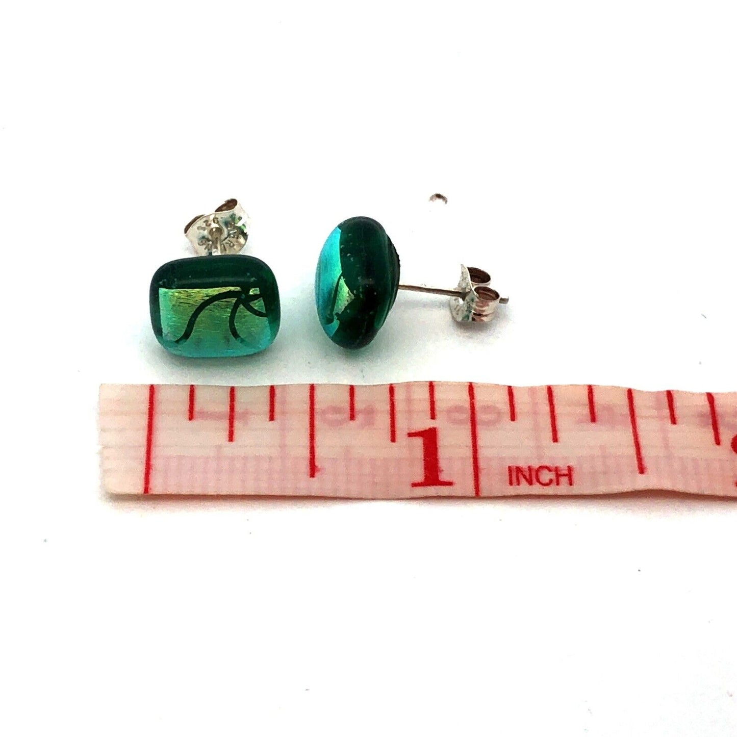 Vintage 925 Sterling Silver Rectangle Green Resin Star Foil Stud Earrings