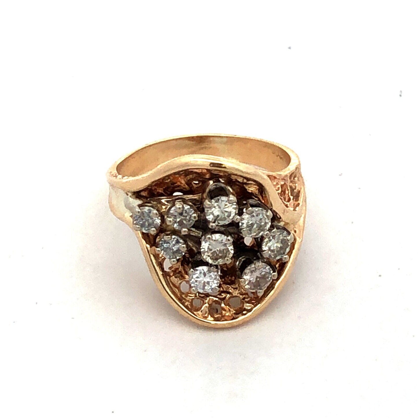 Estate 14K Yellow Gold Round Diamond Cluster Nugget Statement Ring