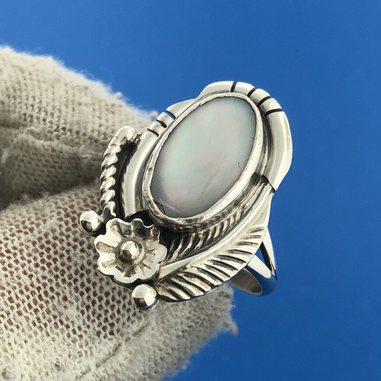 Native American Sterling Silver Ring Oval Mother Of Pearl Squash Blossom Ring