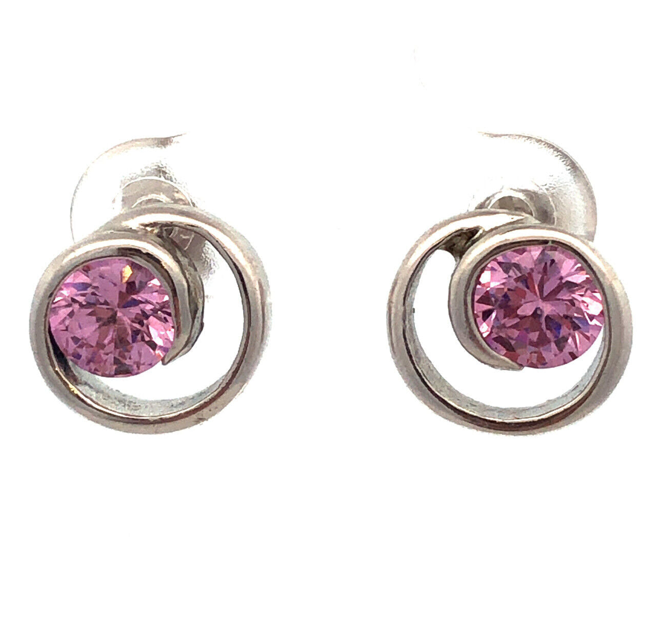 925 Sterling Silver Round Pink Tourmaline Solitaire Swirl Stud Earrings