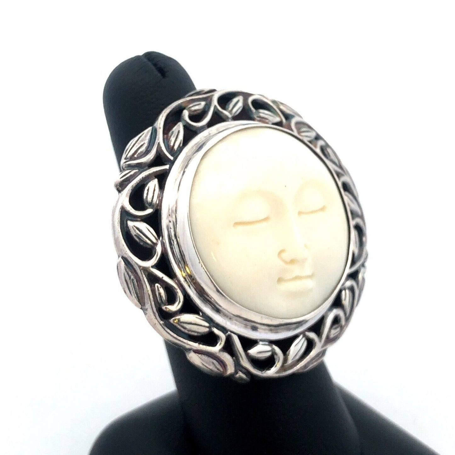 Vintage 925 Sterling Silver Round Carved Resin Moon Face Vine Statement Ring
