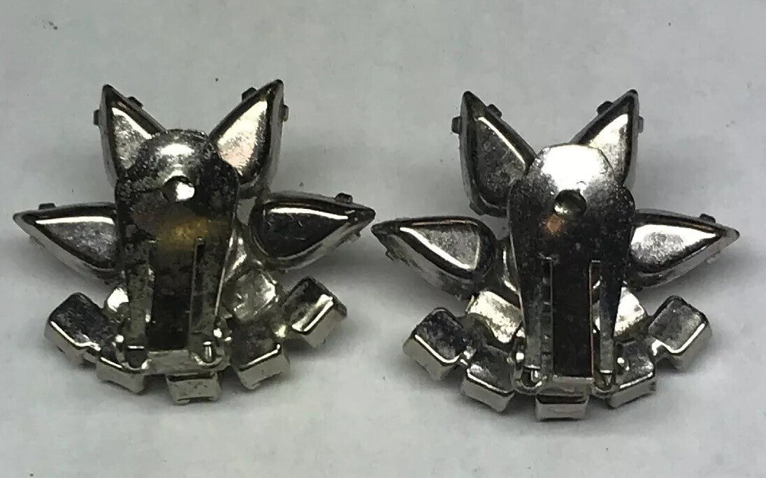 Vintage Art Deco Crystal Rhinestone Flower Cluster Bridal Cocktail Clip Earrings