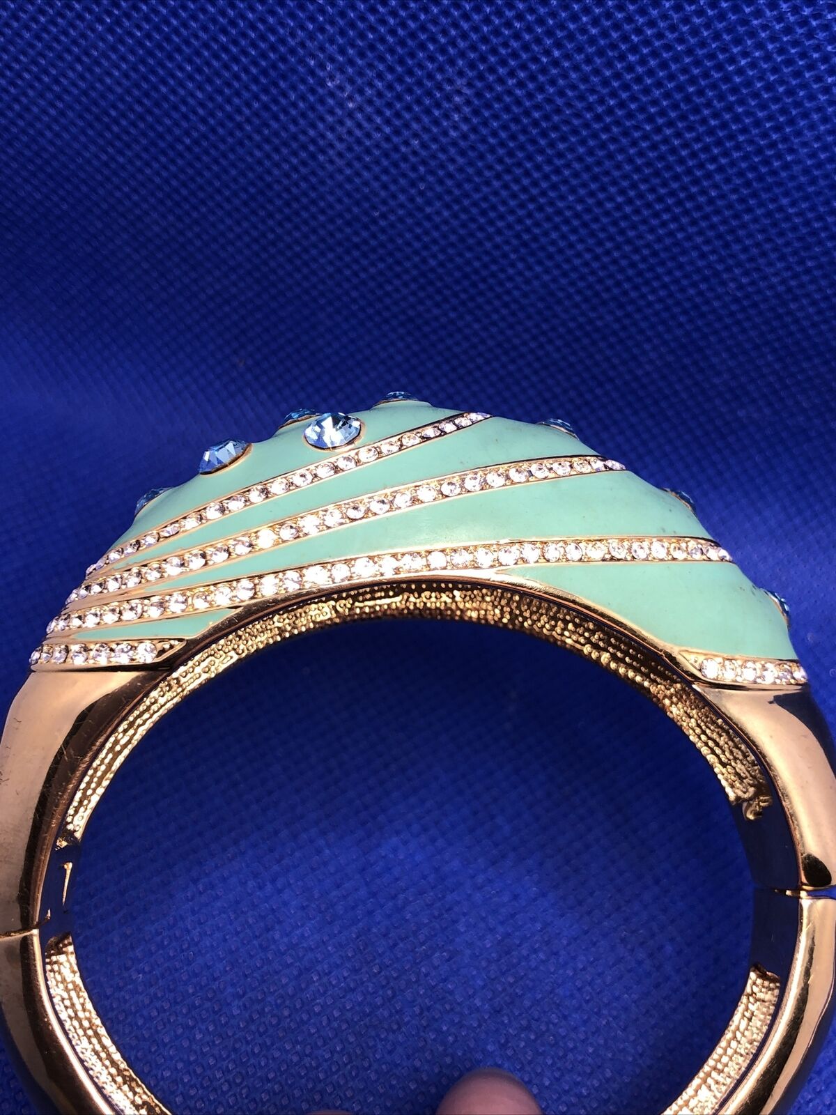 Designer Gold-Tone Teal Enamel Rhinestone Statement Hinged Cuff Bracelet