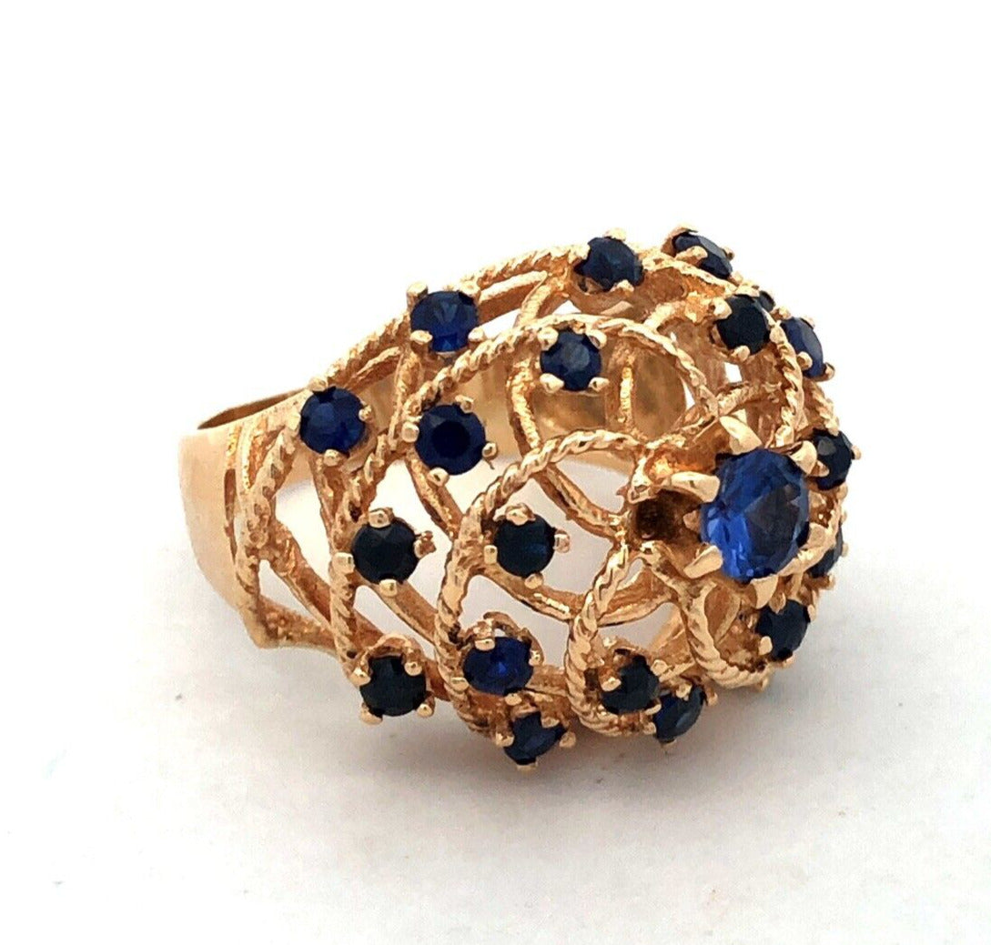 Estate 18K Yellow Gold Blue Sapphire Open Work Harem Cocktail Statement Ring