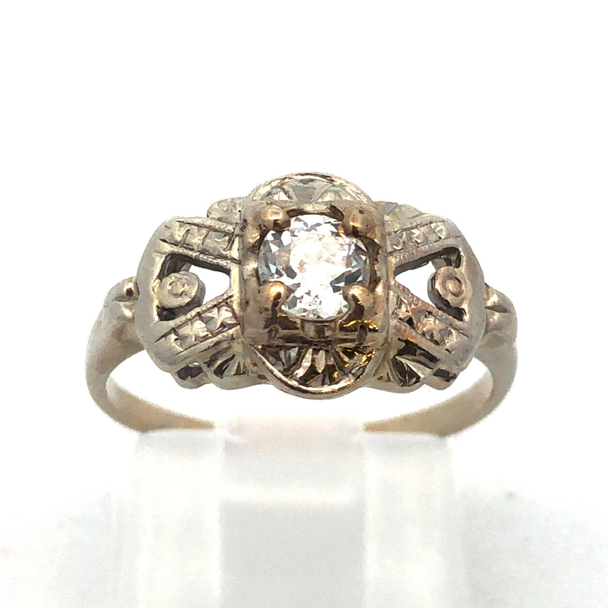 Art Deco 14K White Gold Diamond European Mine Cut Engagement Bridal Ring