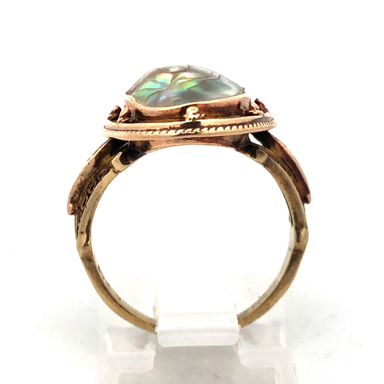 Vintage Art Deco Retro 10K Yellow Gold Abalone Ring with Filigree Detailing