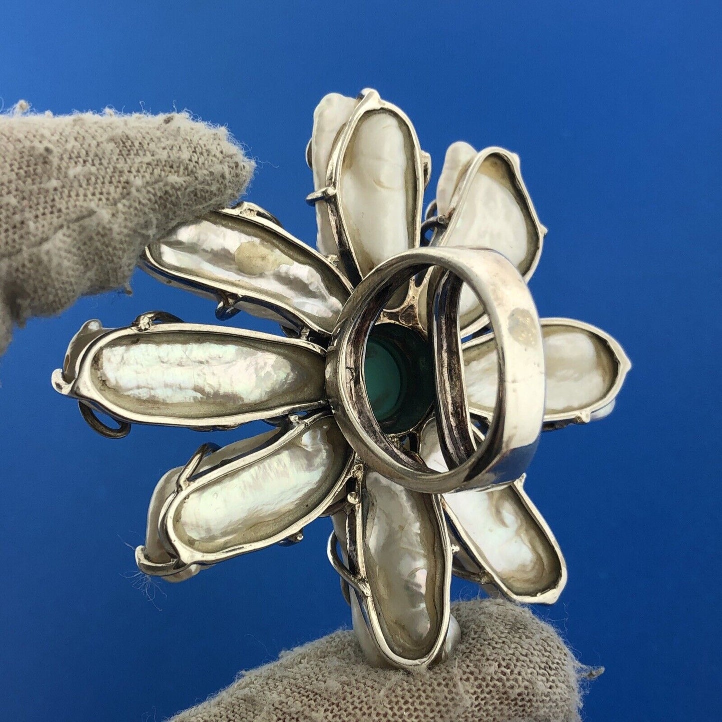 Designer 925 Sterling Silver CFJ Turquoise & Baroque Pearl Flower Floral Ring