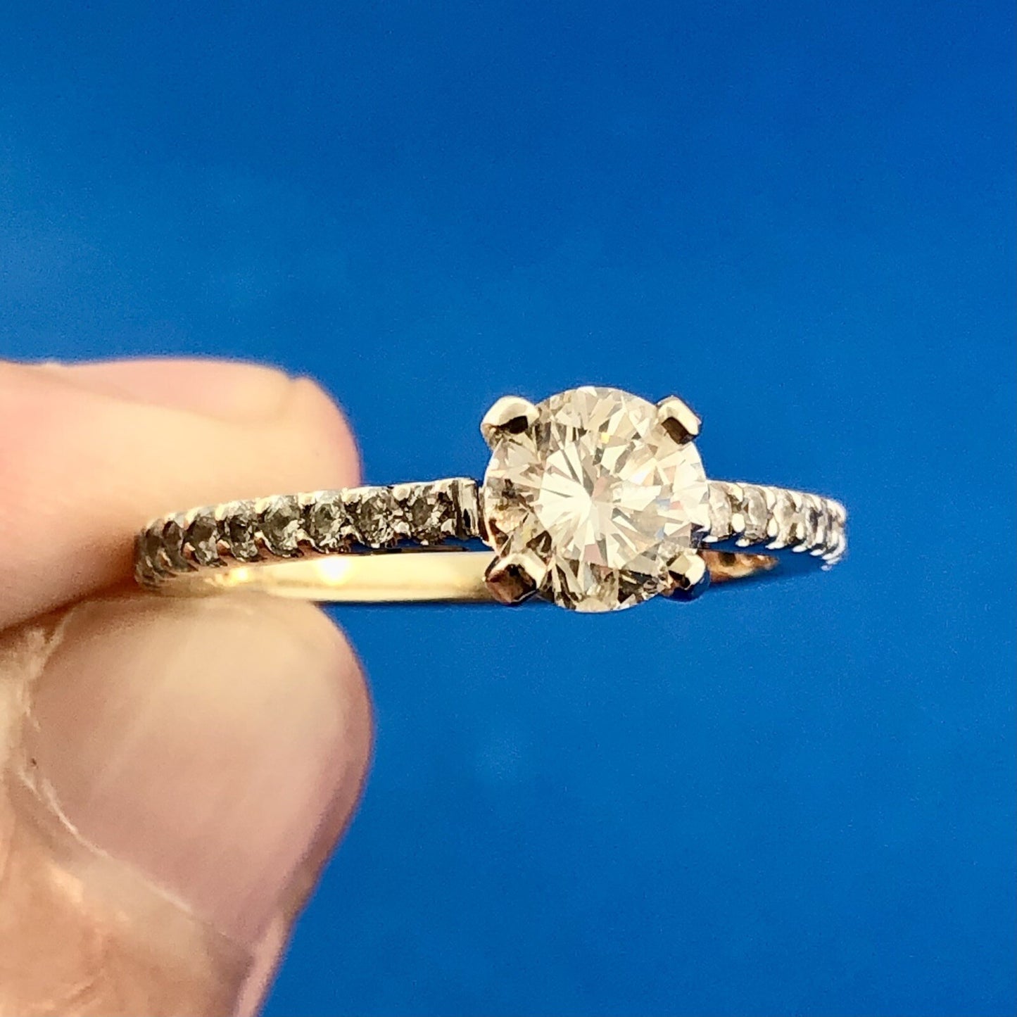 Designer 14K Yellow Gold Round Diamond Solitaire Accented Engagement Ring