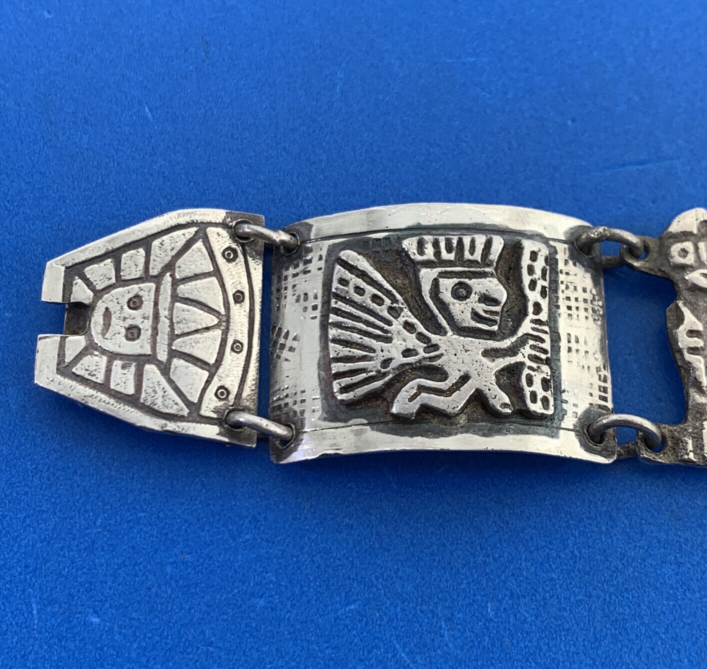 Designer Peru 925 Sterling Silver Inca Gods Panel Cuff Bracelet