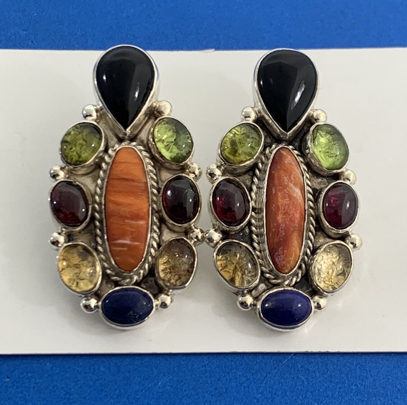 Gilo & Grace Nakai Navajo 925 Sterling Silver Multi Gemstone Statement Earrings