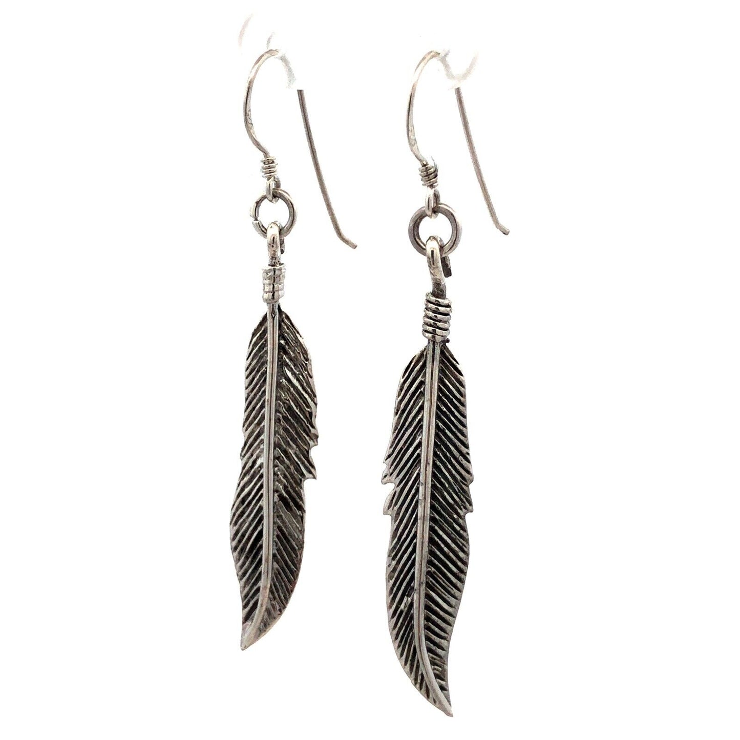Vintage 925 Sterling Silver Feather Textured Drop Dangle Hook Earrings