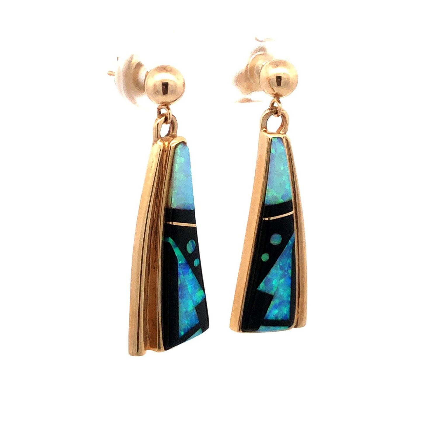 Calvin Begay Navajo 14K Yellow Gold Opal Onyx Storyteller Statement Earrings