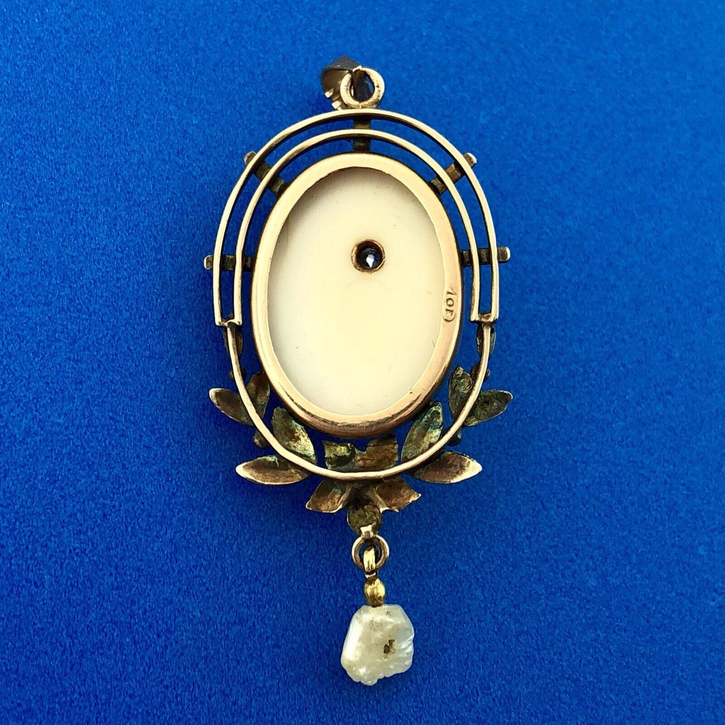 Victorian 10K Rose/Yellow Gold Pink Cameo Pearl Diamond Lavaliere Brooch Pendant