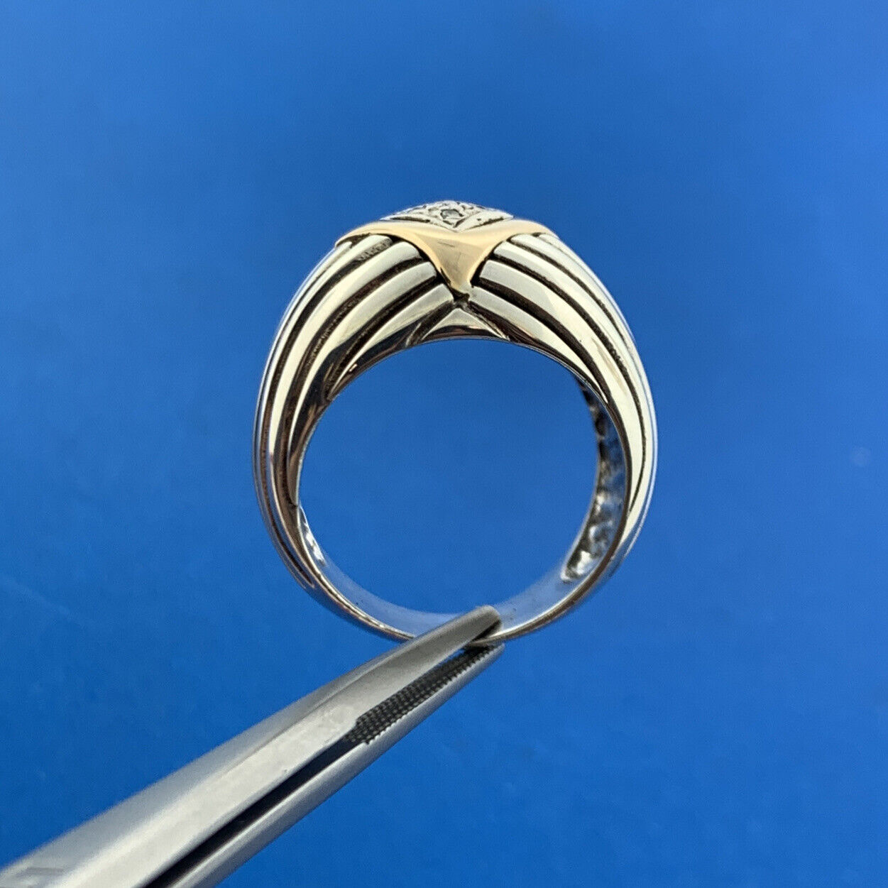 Flle Menegatti Italy 925 Sterling Silver 14K Gold Diamond Ribbed Dome Ring