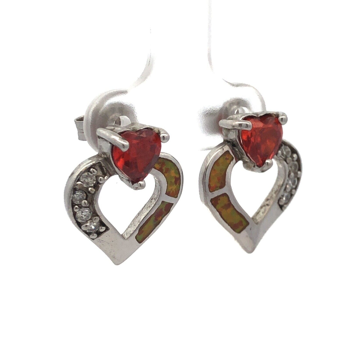 Unusual 925 Sterling Silver Red White Cubic Zirconia Opal Heart Stud Earrings
