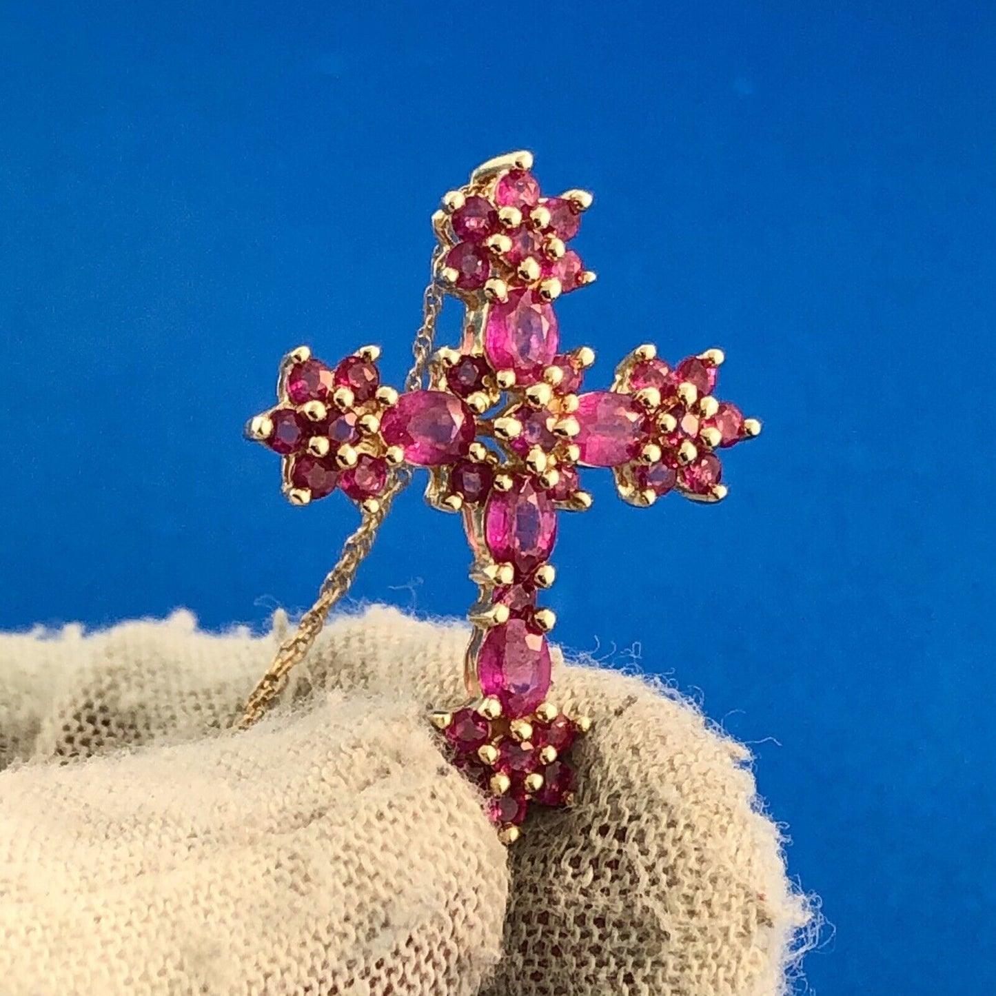 Designer 14k Yellow Gold Round Oval Cut Ruby Religious Cross Communion Necklace