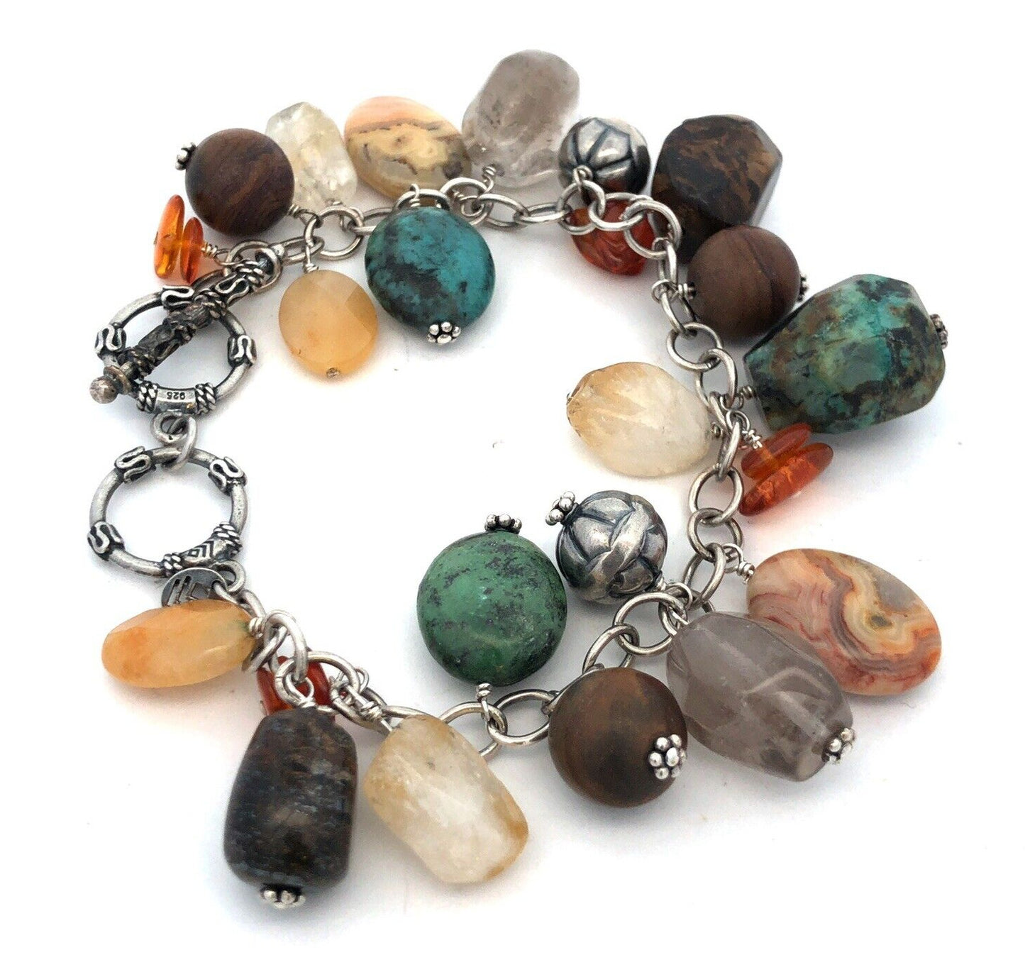 Silpada 925 Sterling Silver Multi-Gemstone Turquoise Agate Charm Chain Bracelet