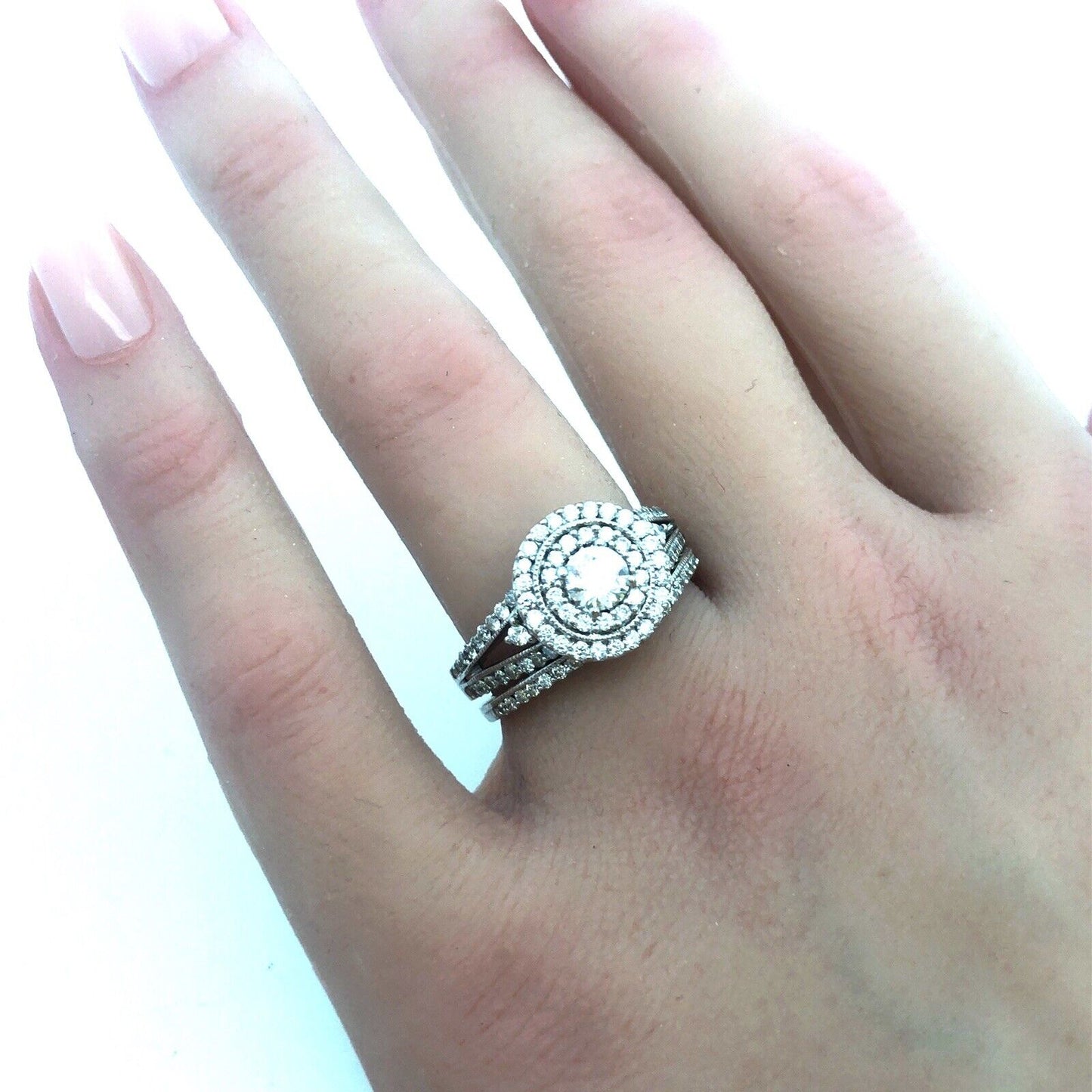 14K White Gold Brilliant Round Diamond Double Halo Engagement Wedding Bridal Set