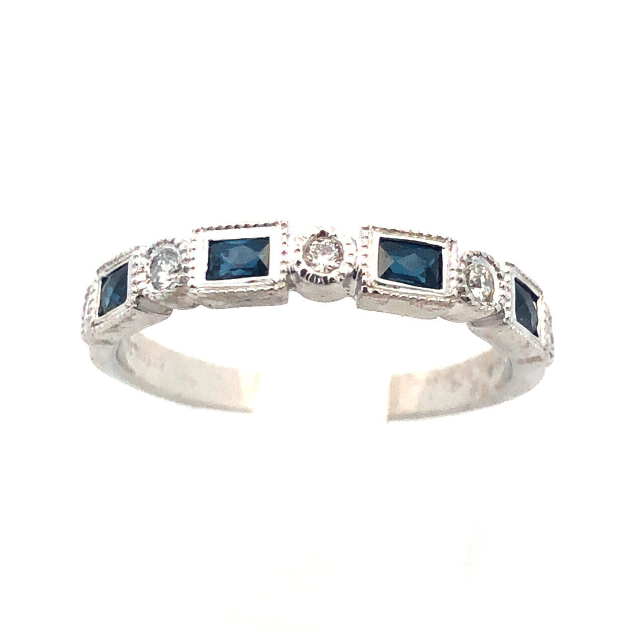 18K White Gold Emerald Cut Sapphire Round Diamond Stackable Anniversary Ring
