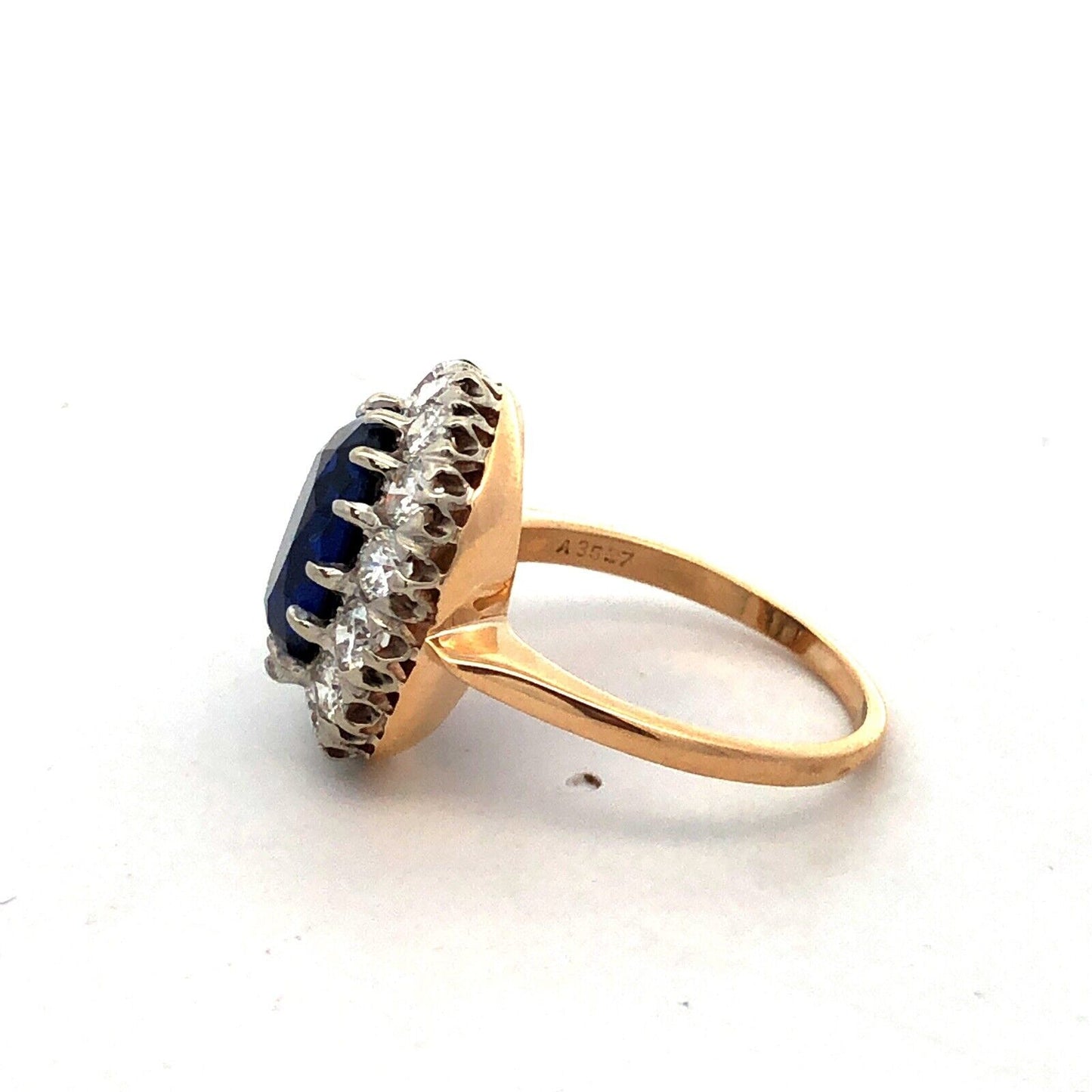 Estate 14K Yellow Gold Lab Created Blue Sapphire Diamond Halo Statement Ring