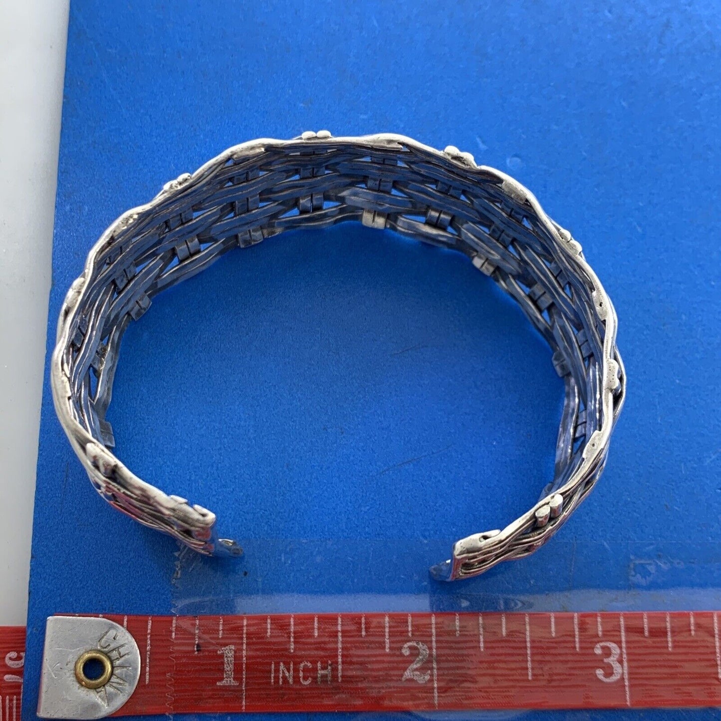 Artisan 925 Sterling Silver Basket Weave Statement Open Cuff Bracelet
