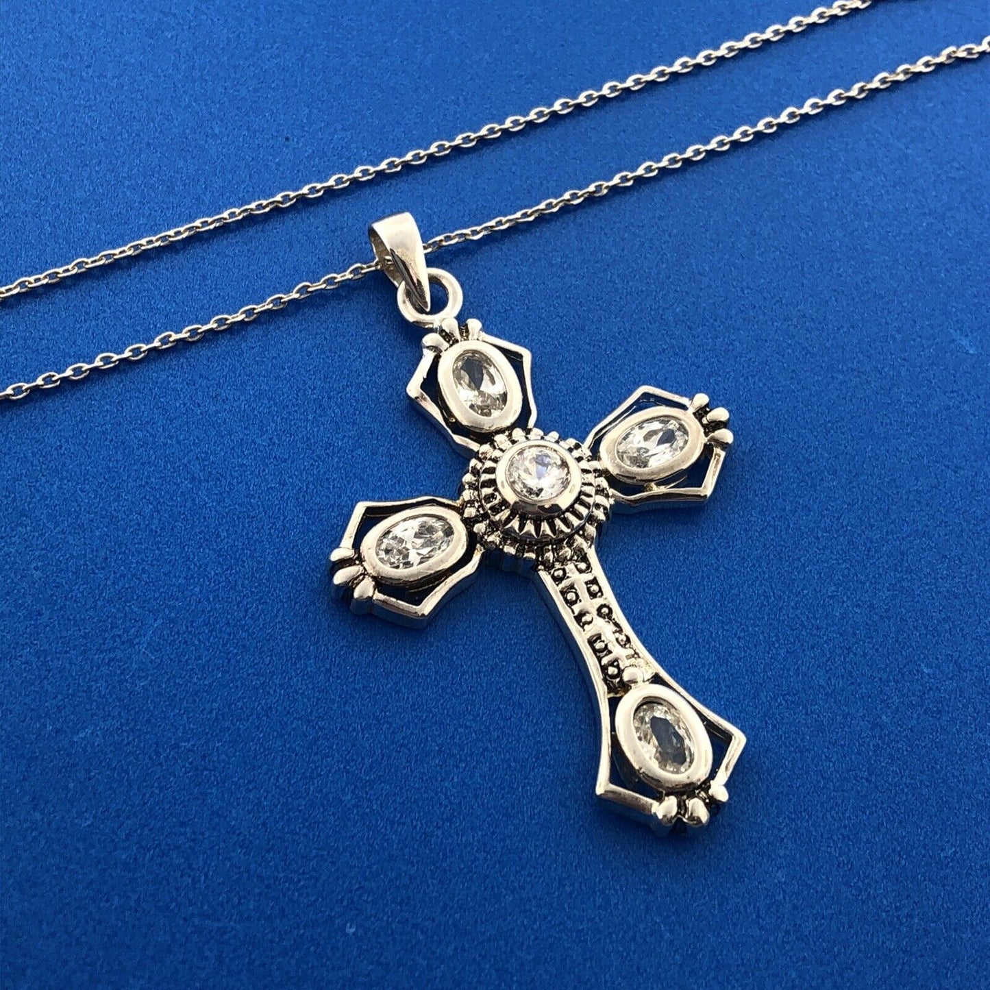 Designer Sterling Silver 925 Cubic Zirconia Religious Cross Statement Necklace