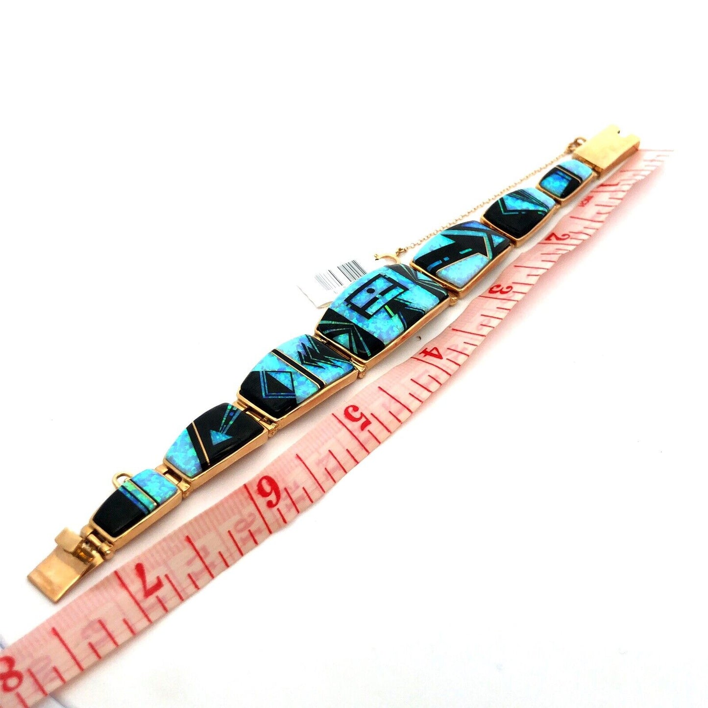 Calvin Begay Navajo 14K Yellow Gold Opal Onyx Inlay Storyteller Tennis Bracelet