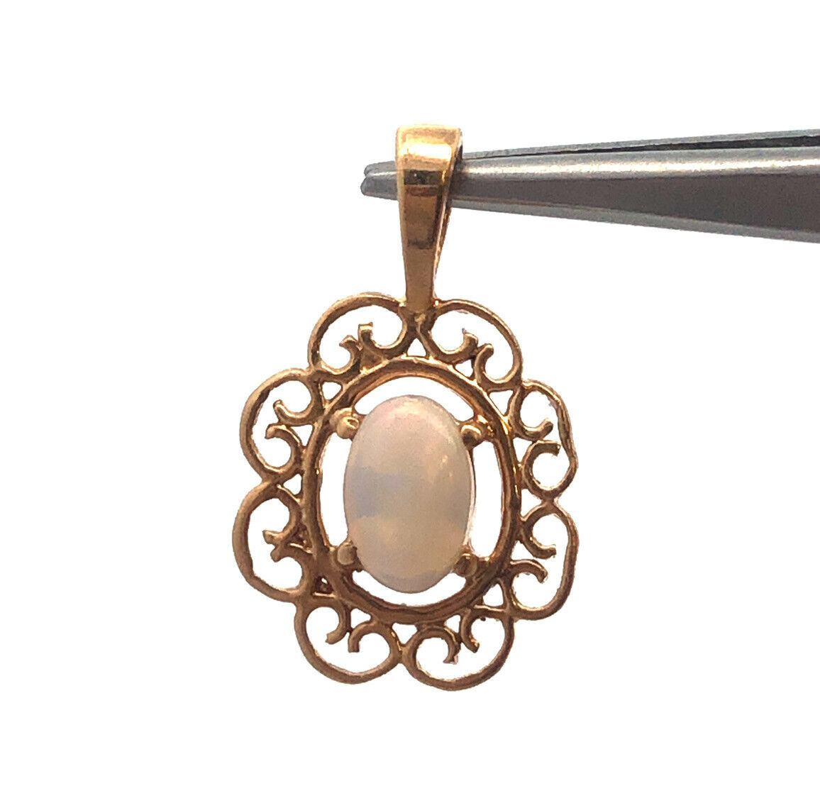 Vintage 10K Yellow Gold Oval Opal Filigree Open Scroll Petite Pendant